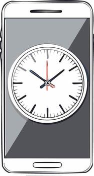 Mobile phone displaying analog clock face illustration with time hands and hour markers vector