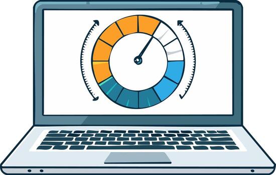 Cartoon Laptop Showing a Circular Gauge Demonstrating Progress or Performance vector