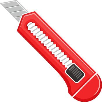 Red utility knife with a sharp silver blade and a black slider vector