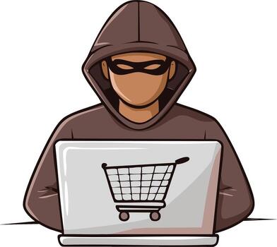 Anonymous person in dark hoodie and mask using a laptop with an online shopping cart icon vector