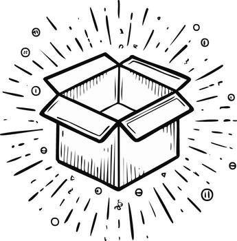 Open cardboard box with radiating lines and circular elements a playful drawing vector