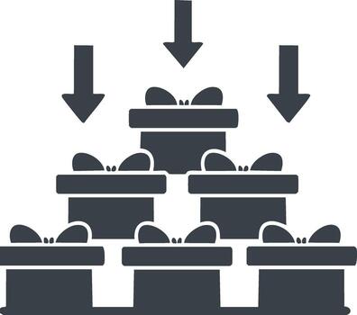 múltiple regalo cajas apilado en un pirámide arreglo con flechas señalando abajo simbolizando entrega y distribución vector