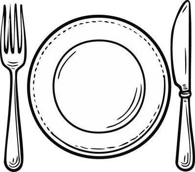 sencillo negro y blanco bosquejo de un sitio ajuste con un plato tenedor y cuchillo vector