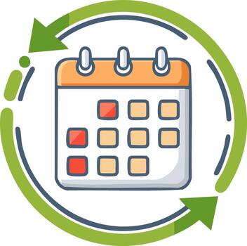 dibujos animados calendario icono con repitiendo flechas, calendario sincronización, hora gestión, planificación, o próximo eventos ilustración vector