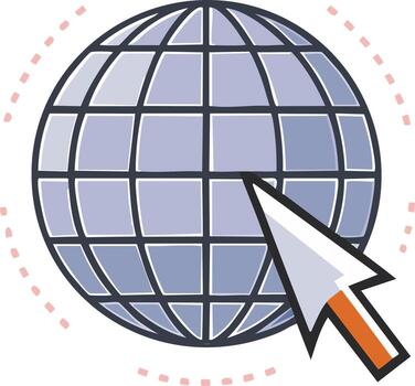 Hand drawn illustration of a computer mouse cursor pointing to a grid globe symbolizing the internet and global connection vector