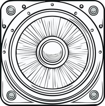 Monochrome Line Art Illustration of a Square Speaker Grille with Rivets and Radial Patterns vector