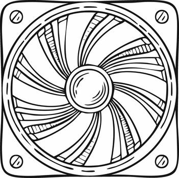 Stylized outline drawing of computer fan with circular blades and frame with bolts, air cooling vector