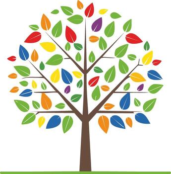 Stylized tree with vibrant, colorful leaves arranged on branches in a flat, graphic design vector