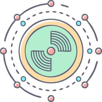 estilizado icono de un hilado hélice rodeado por orbital puntos y rayado líneas vector