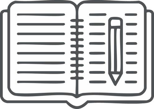 Open notebook with pencil and lined pages illustration simple sketch style vector