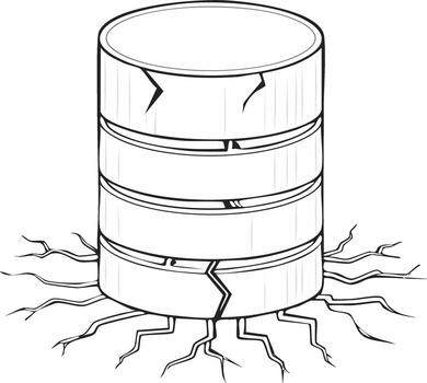 Broken and cracked database symbol with spreading roots conceptual illustration vector