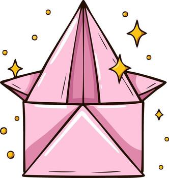 rosado origami caja con amarillo destellos flotante alrededor él, creando un mágico y caprichoso ambiente en un limpiar blanco fondo vector