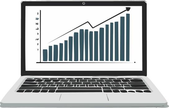 Laptop displaying a growth chart with rising bars and an upward trend line representing progress vector