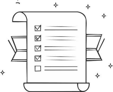 Doodle style checklist scroll with completed and pending tasks, symbolizing organization and achievement vector