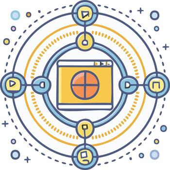 resumen ilustración de un página web con círculos y conectado elementos en un plano dibujos animados estilo vector