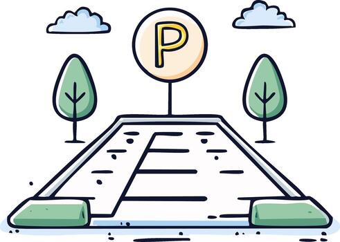 Doodle style parking lot with trees and clouds a recognizable P sign vector