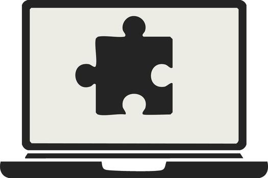 Laptop computer screen displaying a black puzzle piece icon representing digital solutions and software integration vector