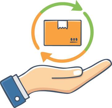 Hand supporting a package with circular arrows representing delivery and return vector