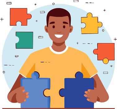 contento hombre conectando dos grande rompecabezas piezas como un concepto para problema resolviendo y hallazgo soluciones vector
