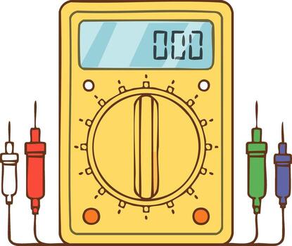 Yellow Digital Multimeter with Probes for Electrical Measurements and Scientific Work, Display Showing Zero Value, Isolated Flat Illustration vector