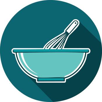 Mixing bowl and whisk icon with long shadow for cooking and baking vector