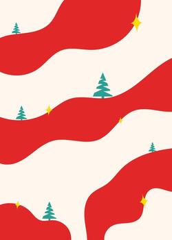 Abstract red wavy background with Christmas trees. A simple and modern seamless pattern combining fluid shapes and festive icons for holiday fabric or wallpaper. vector