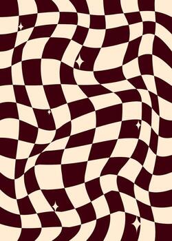 Warped checkerboard background in brown tones. A retro psychedelic pattern with distorted squares, perfect for 70s-inspired fabric prints or groovy posters. vector