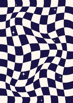 Blue warped checkerboard pattern background. Abstract op art illustration with distorted squares in a retro psychedelic style for trendy posters or covers. vector