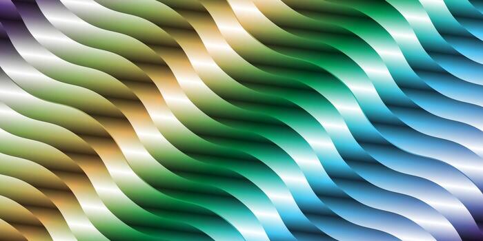 A vibrant abstract background featuring flowing wavy stripes in a gradient of iridescent colors with a shimmering textured effect. vector
