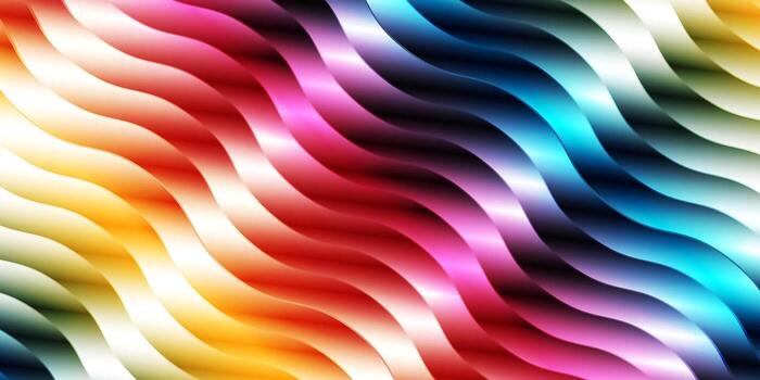 An abstract wavy pattern in a spectrum of rainbow colors featuring bright highlights and a luminous shimmering effect. vector