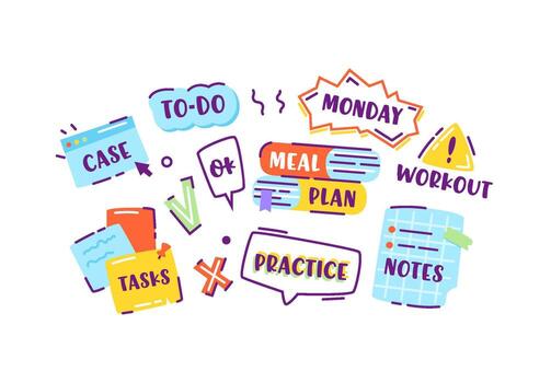 Set of Stickers or Icons in Doodle Linear Style, To-do, Case, Meal Plan and Tasks with Ok, Practice, Notes and Workout Design Elements, Speech Bubbles, Tick and Cross. Cartoon Illustration vector