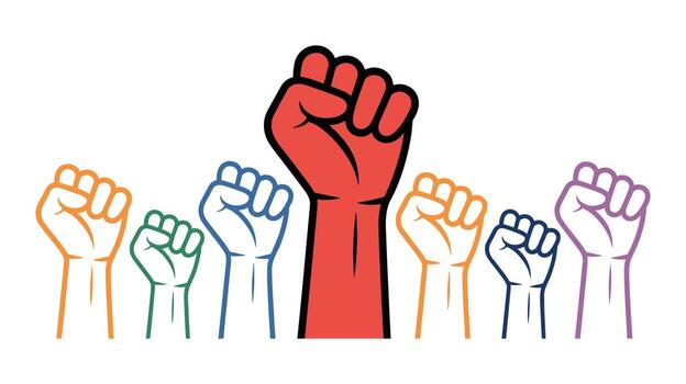 diverso grupo de elevado puños en varios colores simbolizando unidad y protesta solidaridad vector