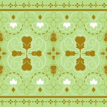 Classic decorative pattern combining botanical elements with geometric scroll hand drawn ornament in light green and gold. Ideal for wrapping paper, textiles, invitations, elegant design project, rug vector