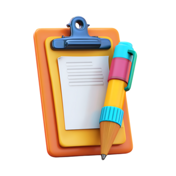 3d tolkning av en Urklipp med en tom ark av papper och en färgrik tecknad serie penna på transparent bakgrund png