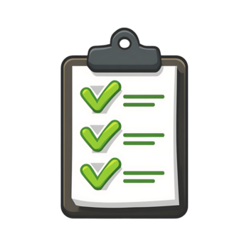 ein Zwischenablage mit ein grau Clip und ein Weiß Blatt Anzeigen drei Grün prüfen Markierungen und horizontal Linien auf ein transparent Hintergrund png