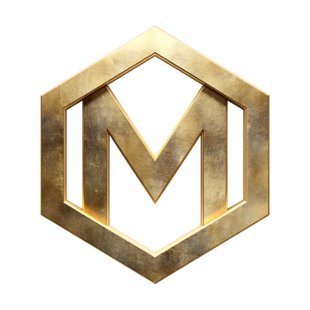 dourado metálico carta m dentro uma hexágono quadro, Projeto elemento em transparente fundo png