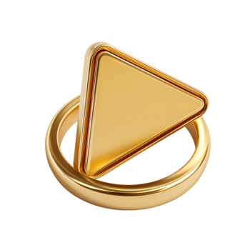 Golden play icon with triangular shape, resting on a circular base, with a shiny, metallic finish on transparent background png