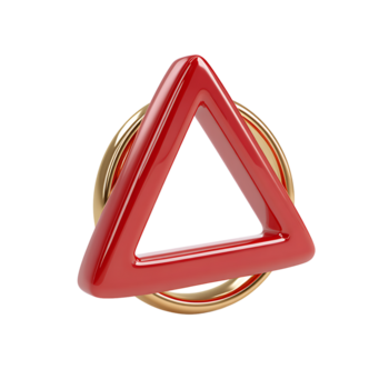 Abstract 3D rendering of a shiny red triangle shape going through a golden ring, isolated on a transparent backdrop png