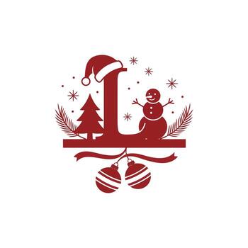 Christmas initial L split monogram design with a cute snowman, tree, and festive baubles vector
