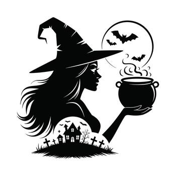 Black silhouette of a witch wearing a pointed hat holding a cauldron with bats flying around a full moon and a haunted house graveyard scene vector
