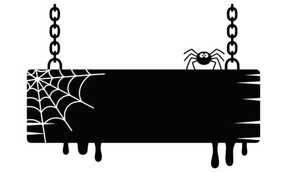 Black Halloween sign with spider and web hanging by chains with dripping effect vector
