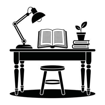 Black silhouette of a desk with an open book a desk lamp a potted plant and stacked books on a stool vector