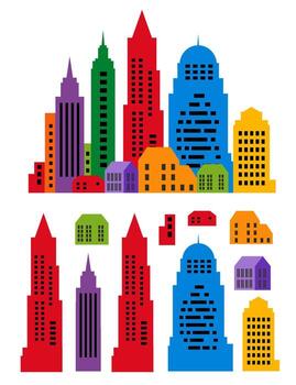 Landscape set buildings silhouetted on white background. Outline of low-rise and high-rise complexes and skyscrapers. Structural constructions placed urban objects vector