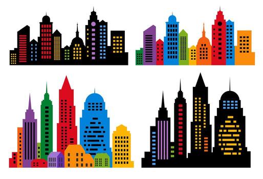 Landscape set of buildings silhouetted on white background. Outline of low-rise and high-rise complexes and skyscrapers. Structural constructions placed objects vector