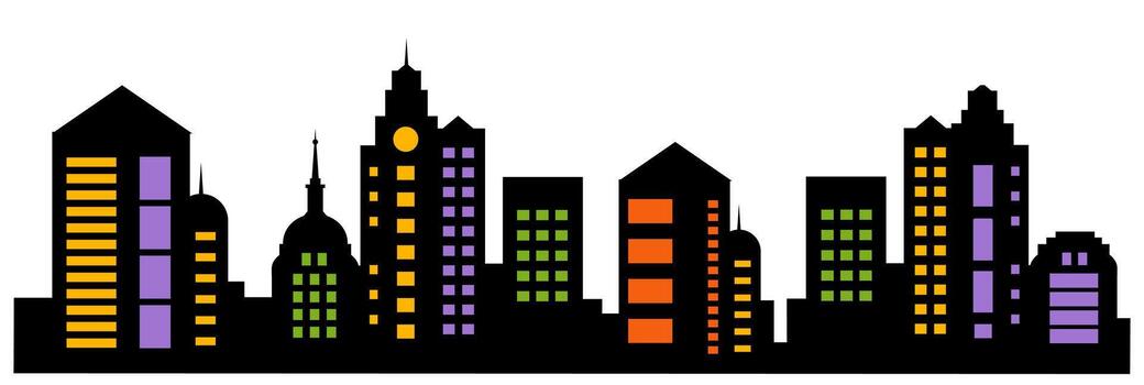 A landscape of buildings silhouetted on white background. A black outlines of low rise and high-rise complexes and skyscrapers. Structural constructions placed urban objects vector