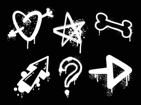 Graffiti symbols heart star bone arrow question mark play button in white on black background vector