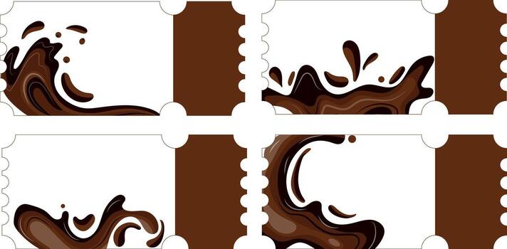 set of discount coupons with melted dark and milk chocolate that fold into various spots and waves of cocoa of different shapes, for packaging design, menus, confectionery logos and dessert branding vector
