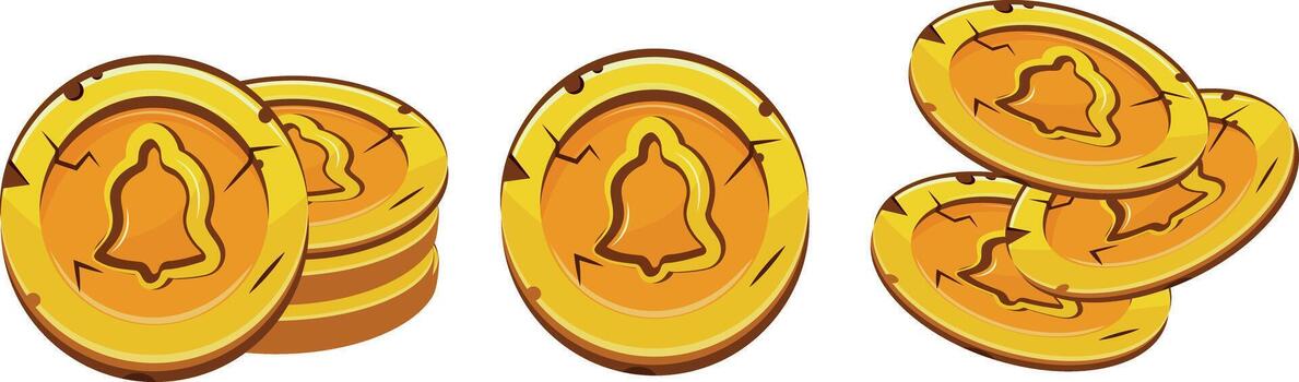 set of stylized icons of gold coins in various shapes with the design of New Year's bells, for games, social networks or other thematic designs vector