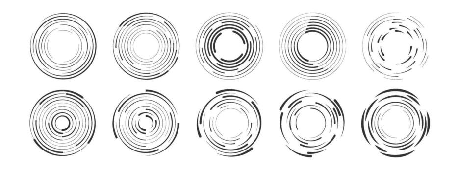 Set of circular wave ripple elements. Abstract sound waves, radio signal, or water splash rings. Isolated design on white background for technology or audio concept. vector