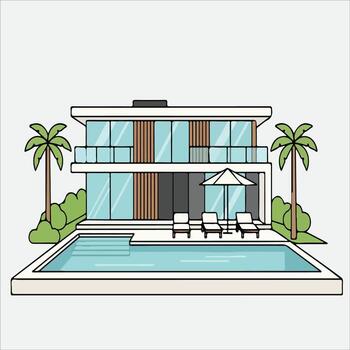Modern luxury villa with pool and palm trees in minimalist style vector